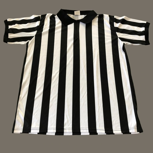 Crown Mens Large Striped Referee Polo Quarter Zip Up Shirt Umpire Sports Costume - Picture 4 of 8